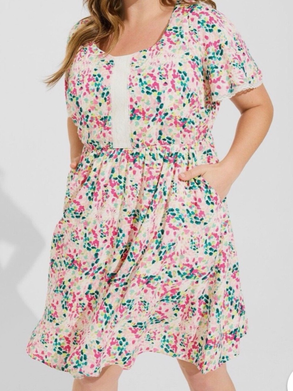 Torrid Pink Floral Midi Dress Lace Trim Flutter Sleeve Cottagecore Plus Size 2X